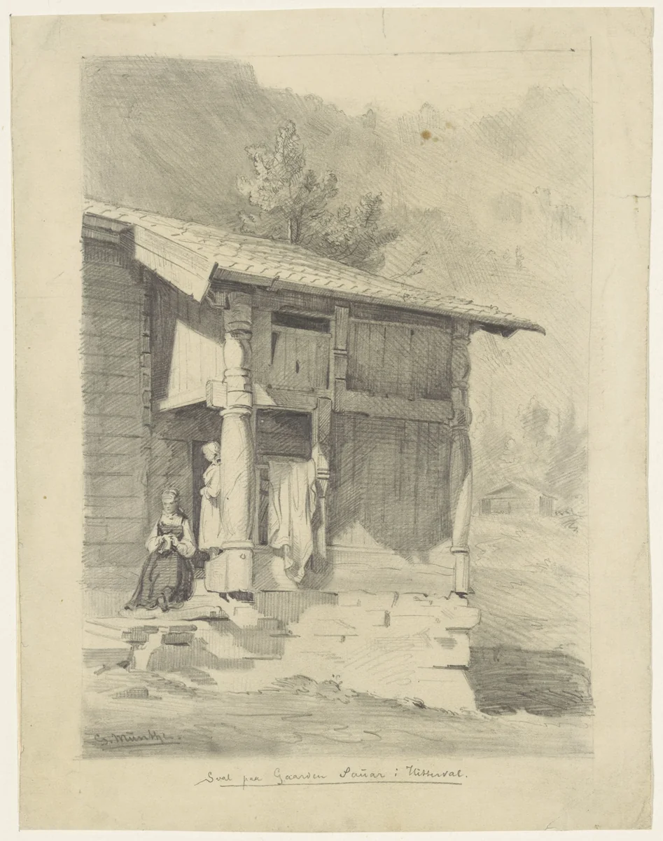 Twee vrouwen bij de ingang van een huis by Gerhard Peter Frantz Vilhelm Munthe, drawing, 1859-1929