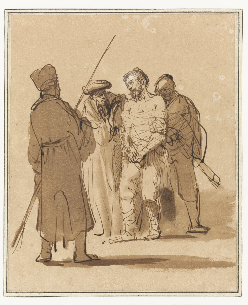 Christ Bound between Two Soldiers and a High Priest by Gerbrand van den Eeckhout, drawing, 1638-1642