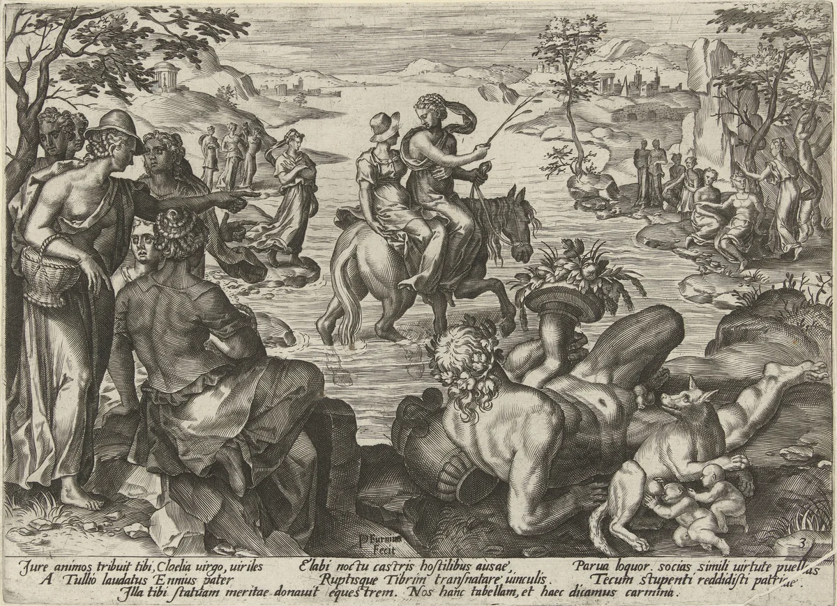 Cloelia steekt te paard de Tiber over by Unknown, print, 1573
