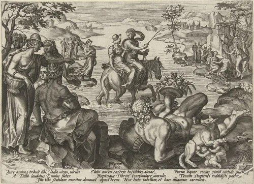 Cloelia steekt te paard de Tiber over by Unknown, print, 1573