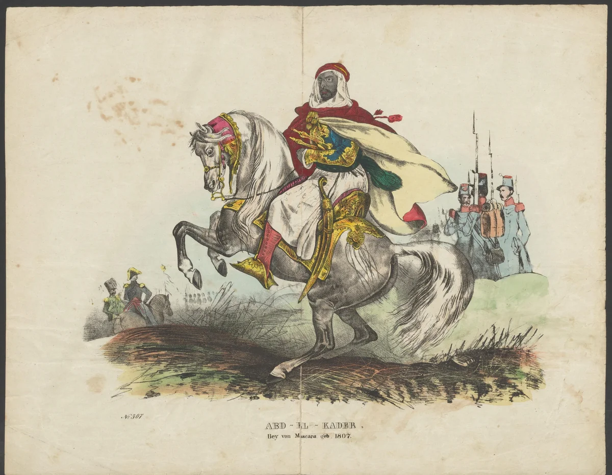 Abd al-Kader, bey van Mascara te paard by anonymous, print, 1800-1899