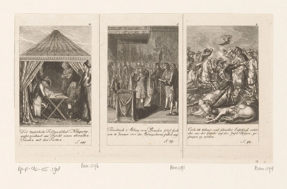 Drie voorstellingen uit de Brandenburgse geschiedenis by Daniel Nikolaus Chodowiecki, print, 1792