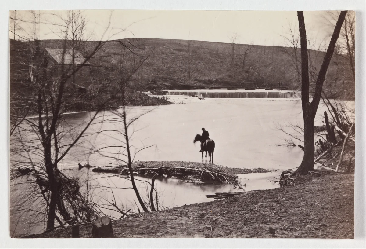 [View of Mounted Soldier? Watering his Horse in Bull Run, Blackburn's Ford, Virginia] by George N. Barnard, photograph, 1861-1862