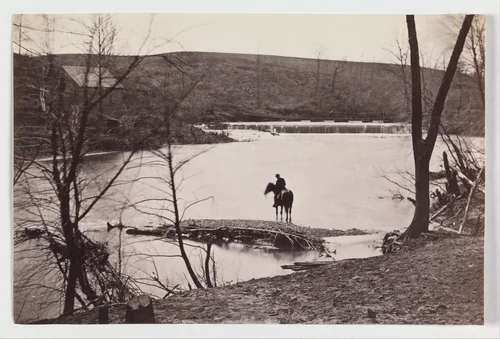 [View of Mounted Soldier? Watering his Horse in Bull Run, Blackburn's Ford, Virginia] by George N. Barnard, photograph, 1861-1862
