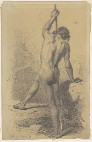 Male Nude with Staff by Walter Shirlaw, drawing, 1872