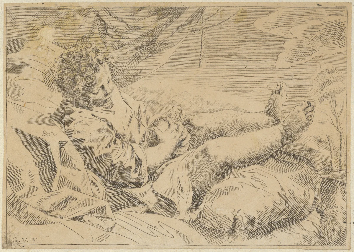 A child sleeping on a cushion, holding a piece of fruit (?), a curtain behind him, after Reni (?) by anonymous, print, 1600-1699