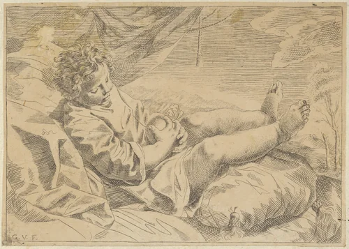 A child sleeping on a cushion, holding a piece of fruit (?), a curtain behind him, after Reni (?) by anonymous, print, 1600-1699