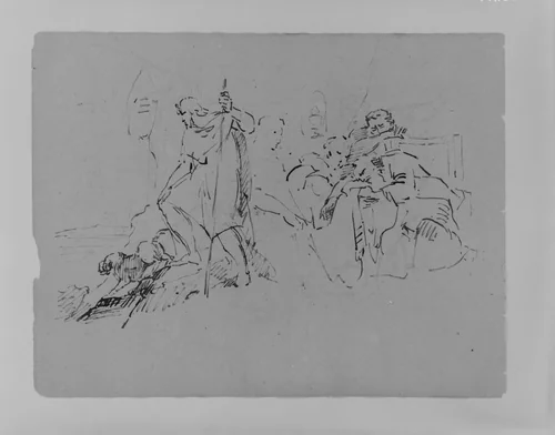 Man and Dog Overlooming Distant Landscape; Seated Man Collapsing, Attended by Three Figures (from Sketchbook) by Thomas Sully, artwork, 1810-1820