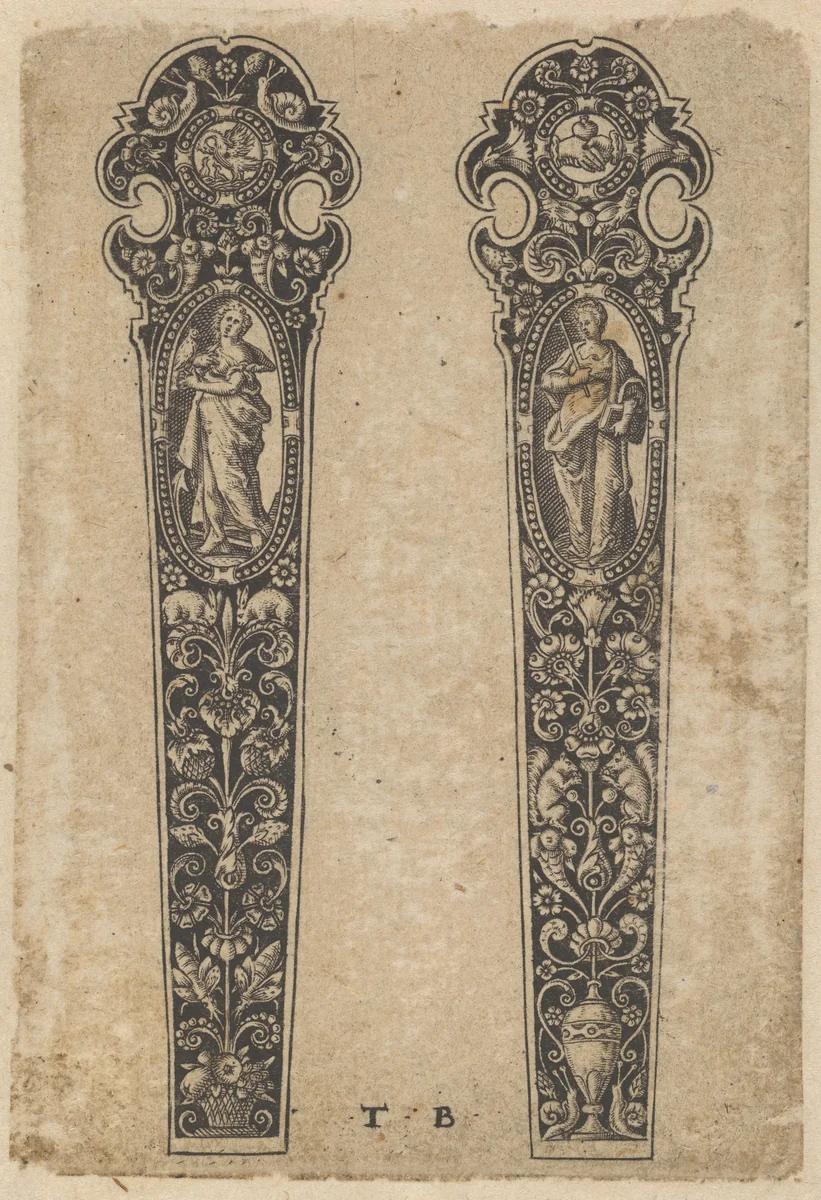 Design for Knife Handles with Personifications of Peace and Faith by Johann Theodor de Bry, print, 1580-1600