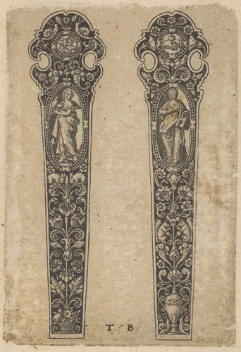 Design for Knife Handles with Personifications of Peace and Faith by Johann Theodor de Bry, print, 1580-1600