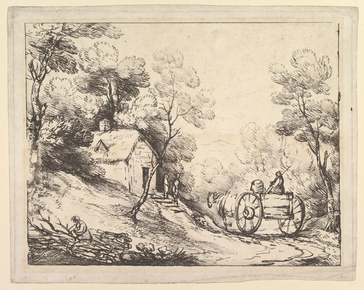 Wooded Landscape with Country Cart, Cottage and Figures by Thomas Gainsborough, print, 1784-1786