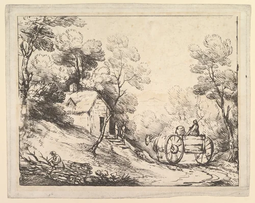 Wooded Landscape with Country Cart, Cottage and Figures by Thomas Gainsborough, print, 1784-1786