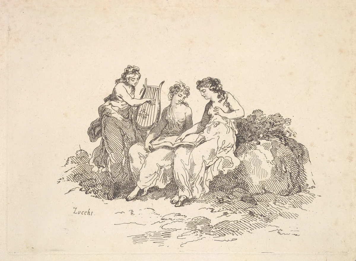 Harmony – Two Nymphs Singing, Another Playing a Lyre by Thomas Rowlandson, print, 1784-1788