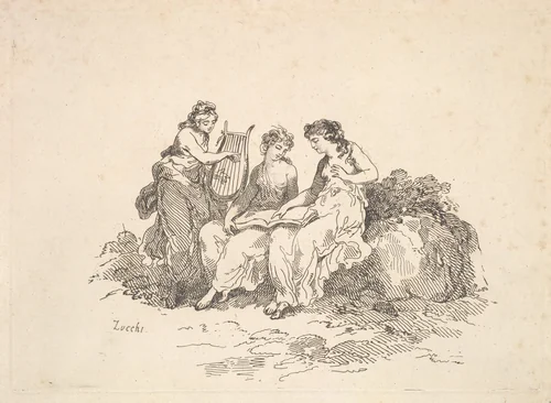 Harmony – Two Nymphs Singing, Another Playing a Lyre by Thomas Rowlandson, print, 1784-1788