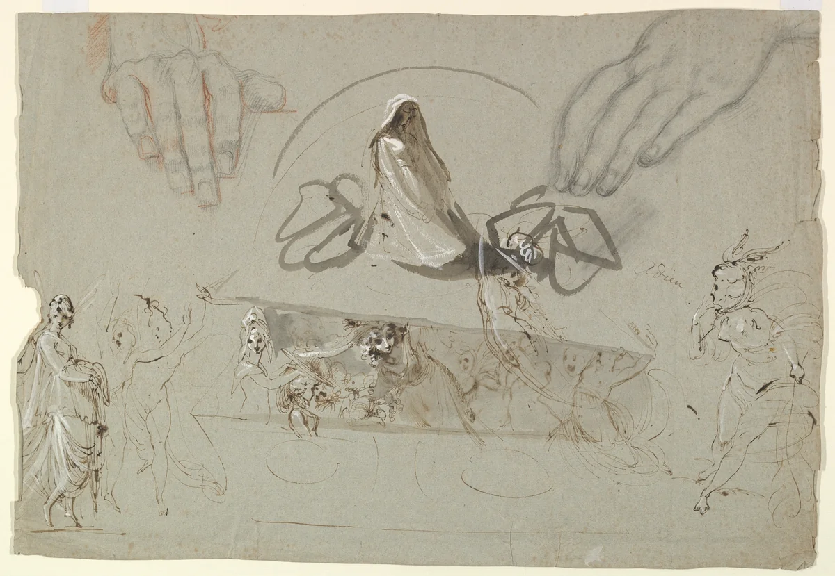 Studies of fairies with a pair of hands (possibly representing the Opening of Pandora's Box) by William Lock the Younger, drawing, 1784