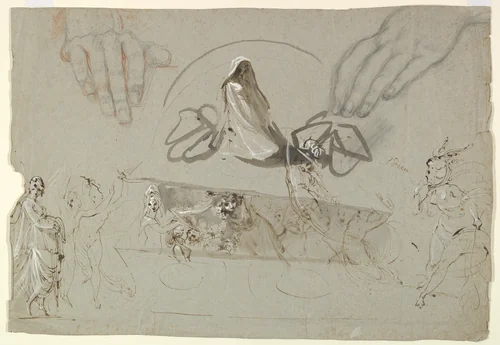 Studies of fairies with a pair of hands (possibly representing the Opening of Pandora's Box) by William Lock the Younger, drawing, 1784