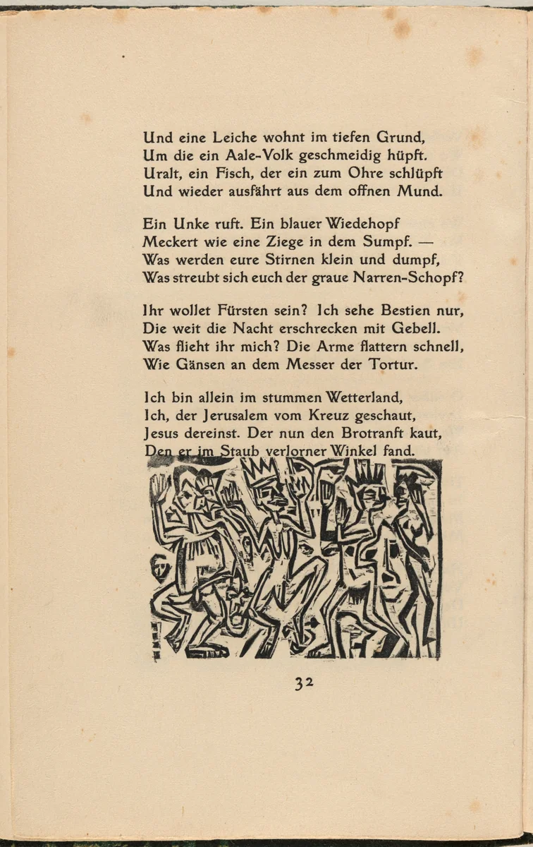 Die Irren IV (The Mad IV) (in-text plate) from mock-up of Georg Heym: Umbra Vitae (Georg Heym: Shadow of Life) by Ernst Ludwig Kirchner, volume, 1912-1922