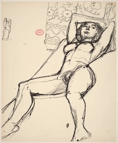 Untitled [reclining female nude before a patterned backdrop] by Richard Diebenkorn, drawing, 1955-1967
