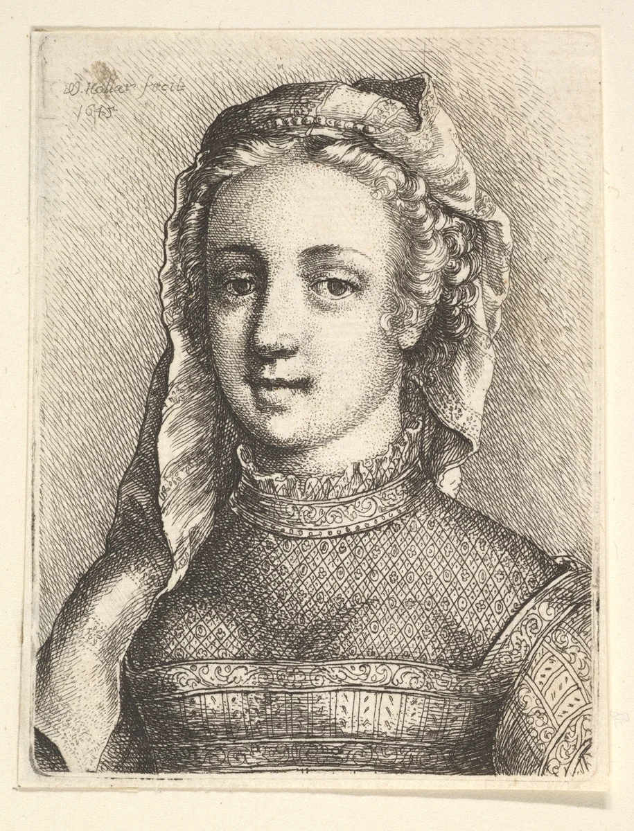 Head and shoulders of a woman with a veil and diaphanous neckware by Wenceslaus Hollar, print, 1645