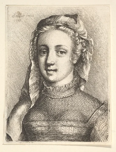 Head and shoulders of a woman with a veil and diaphanous neckware by Wenceslaus Hollar, print, 1645