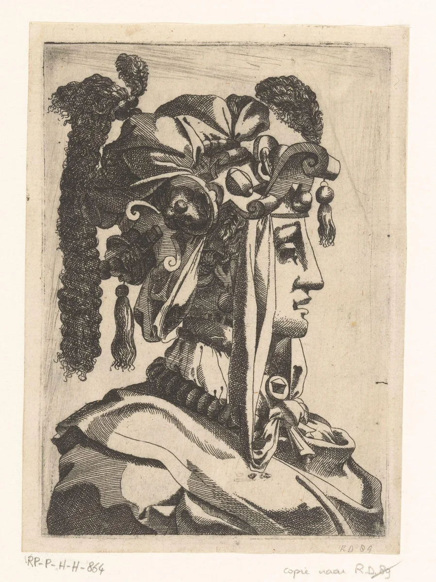 Vrouw met masker en fantasie hoofdbedekking by anonymous, print, 1535-1598