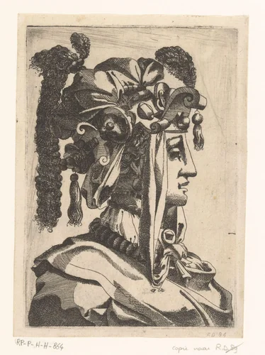 Vrouw met masker en fantasie hoofdbedekking by anonymous, print, 1535-1598