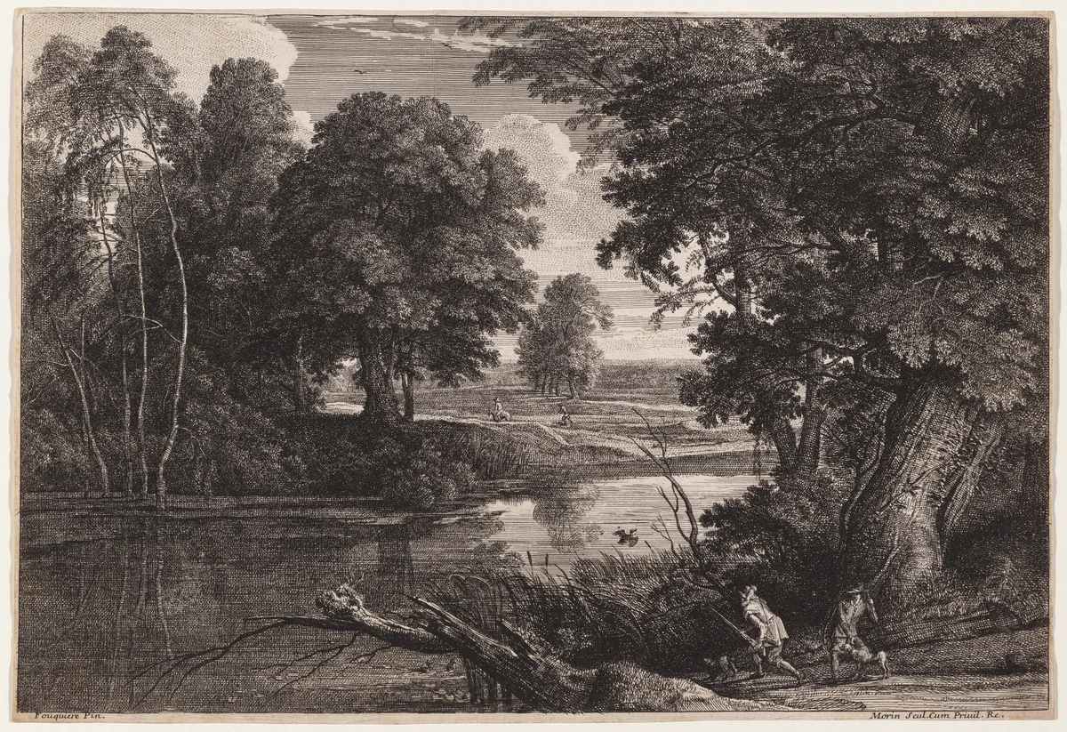 Landscape with Duck Hunters by Jean Morin; Jacques Fouquières, print, 1657