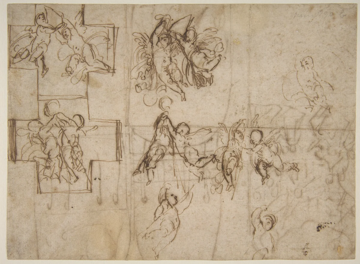 Studies of Flying Putti (recto); Composition Studies (verso) by Guido Reni, drawing, 1575-1642