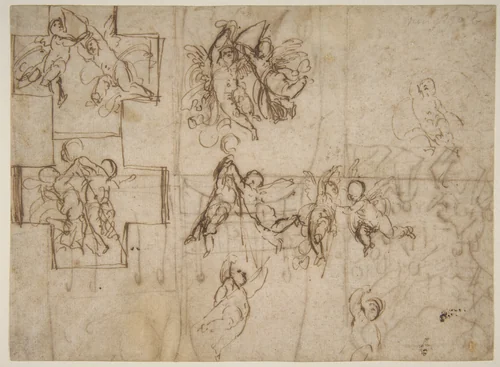 Studies of Flying Putti (recto); Composition Studies (verso) by Guido Reni, drawing, 1575-1642