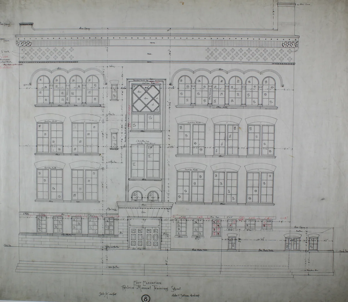 Hebrew Manual Training School, Chicago, Illinois, East Elevation by Adler and Sullivan, drawing, 1889-1890