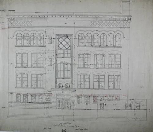 Hebrew Manual Training School, Chicago, Illinois, East Elevation by Adler and Sullivan, drawing, 1889-1890