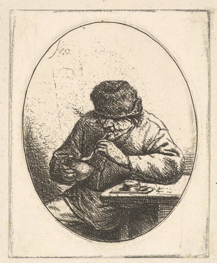 Smoker Lighting Pipe by Adriaen van Ostade, print, 1610-1685