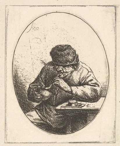 Smoker Lighting Pipe by Adriaen van Ostade, print, 1610-1685