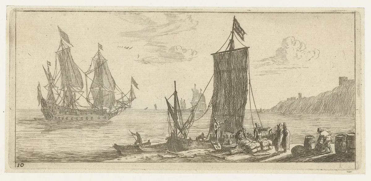Baai met een hoeker en een oorlogsschip by Reinier Nooms, print, 1651-1652