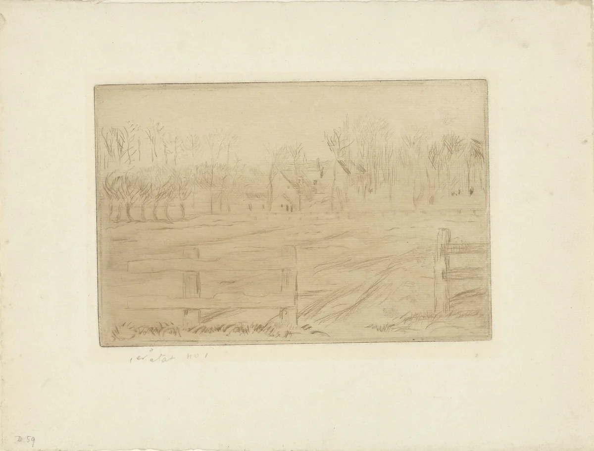 Weide en molen bij Osny by Camille Pissarro, print, 1885