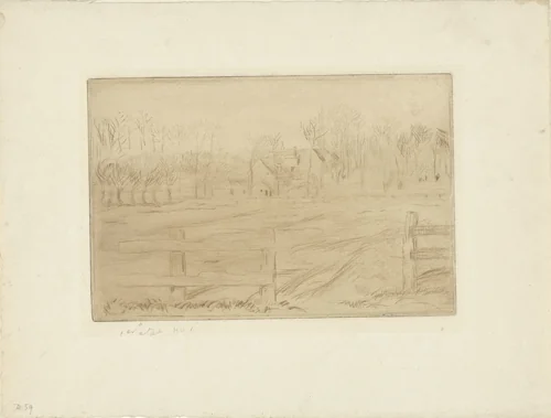 Weide en molen bij Osny by Camille Pissarro, print, 1885