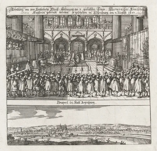 Krönung von Eleonora von Gonzaga, Gemahlin Kaiser Ferdinands III., zur Römisch-Deutschen Kaiserin ; Ansicht von Regensburg (Coronation of Eleonora von Gonzaga, wife of Emperor Ferdinand II, as Empress, with a View of Regensburg) by Matthaus Merian I, print, 1663