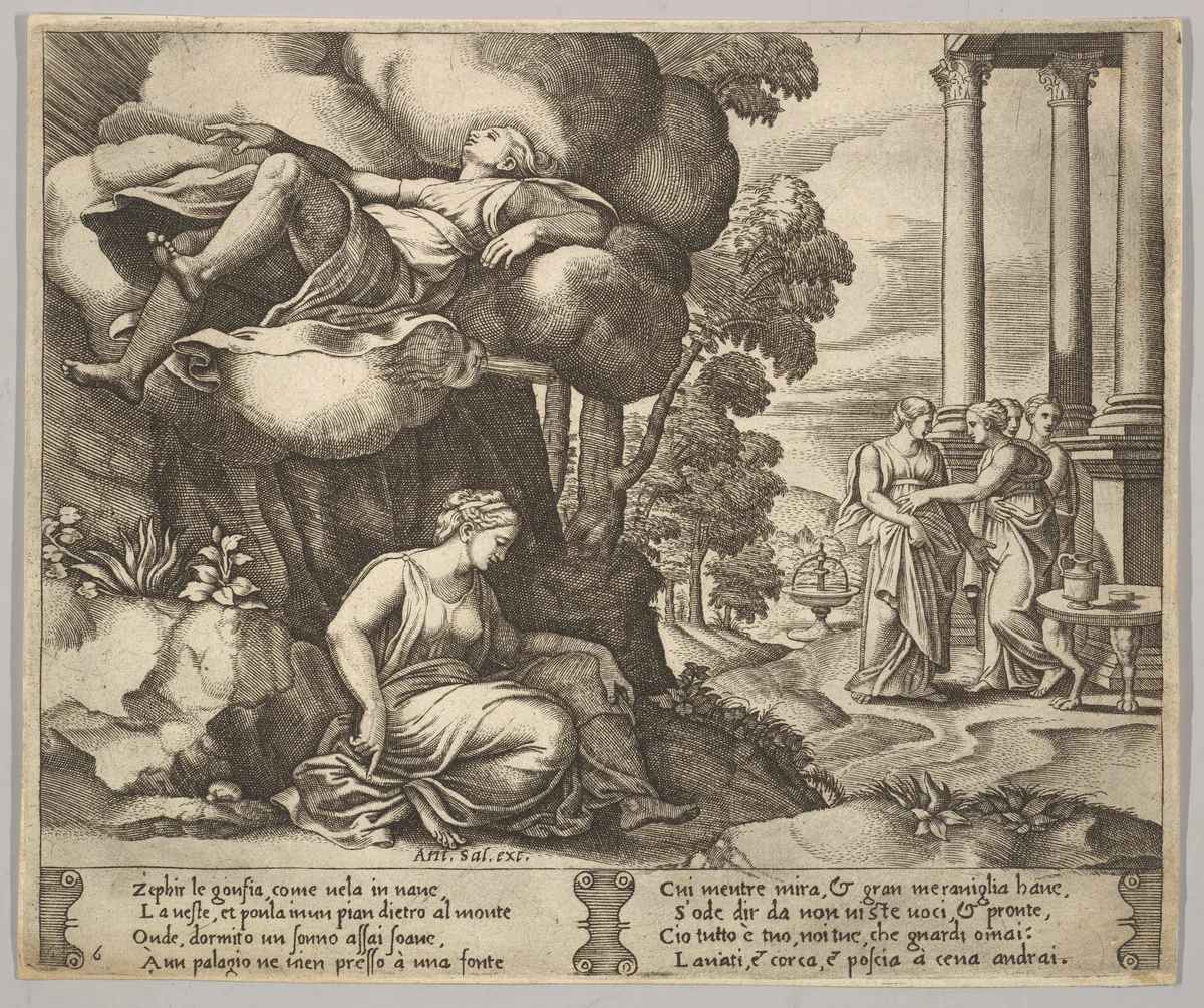 Plate 6: Zephir carrying off Psyche to an enchanted palace, from "The Fable of Psyche" by Master of the Die, print, 1530-1560