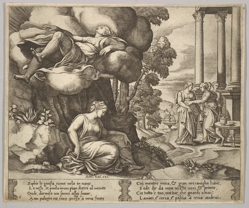 Plate 6: Zephir carrying off Psyche to an enchanted palace, from "The Fable of Psyche" by Master of the Die, print, 1530-1560