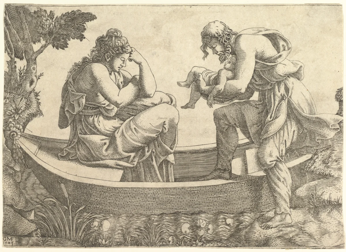 Danae and the infant Perseus cast out to sea by Acrisius by Giorgio Ghisi, print, 1543