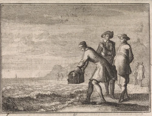 Aan de vloedlijn laat een man een kist te water by Caspar Luyken, print, 1710