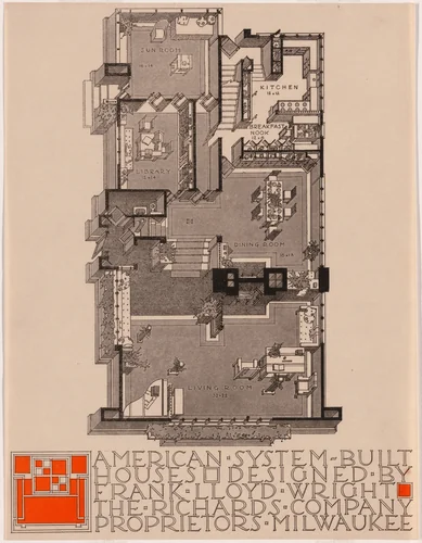American System-Built Houses for The Richards Company project, (Plan oblique of unspecified model) by Frank Lloyd Wright, architecture, 1915