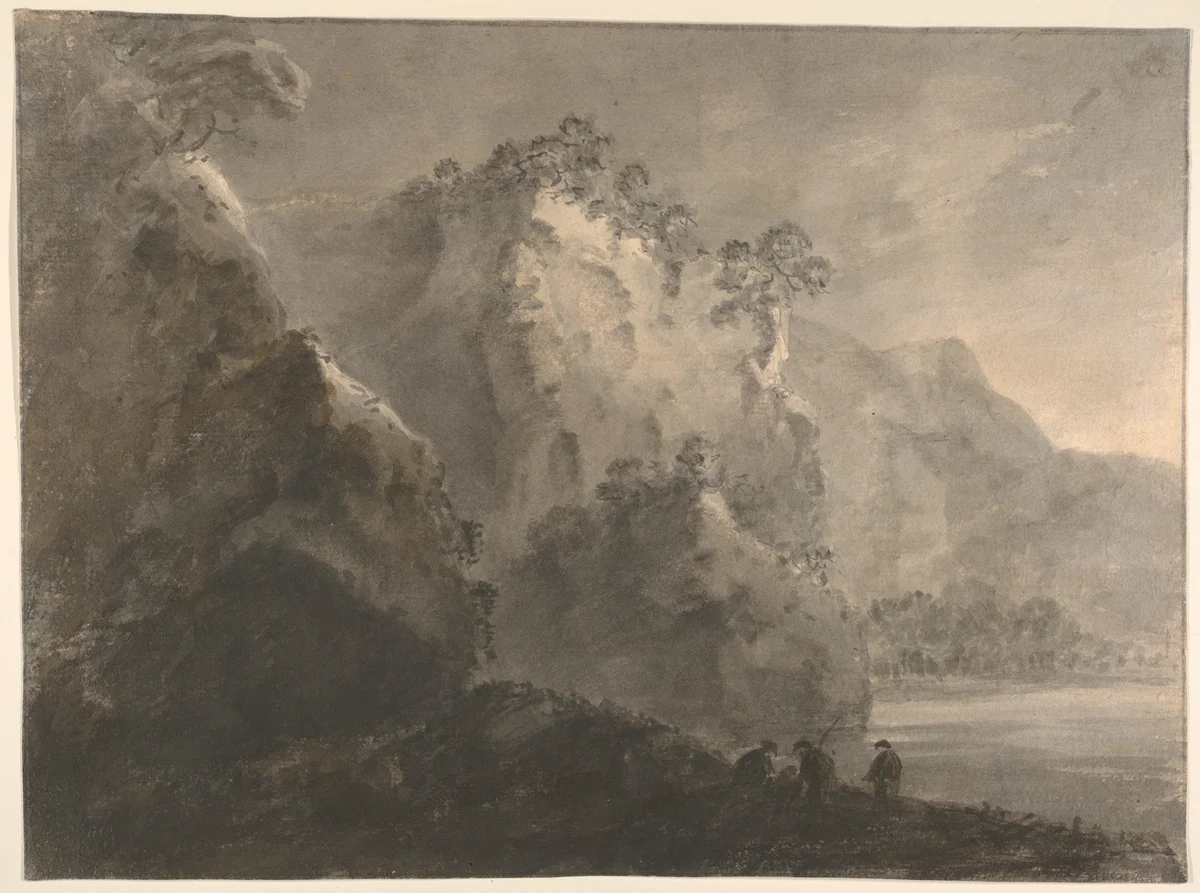 Landscape with hills, a lake, and figures by William Gilpin, drawing, 1767-1777