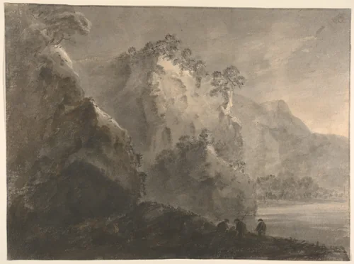 Landscape with hills, a lake, and figures by William Gilpin, drawing, 1767-1777