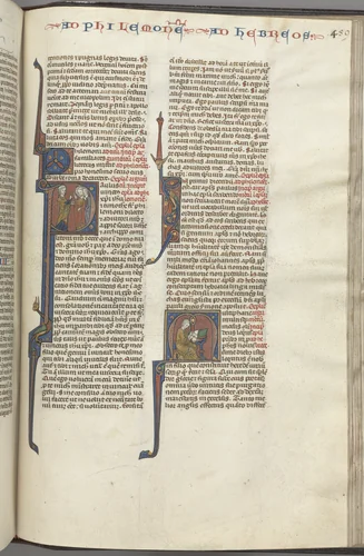 Fol. 459r, Philemon, historiated initial P, Paul addressing three men and Hebrews, historiated initial M, Paul seated at a desk, writing by Unknown, book, 1270-1300