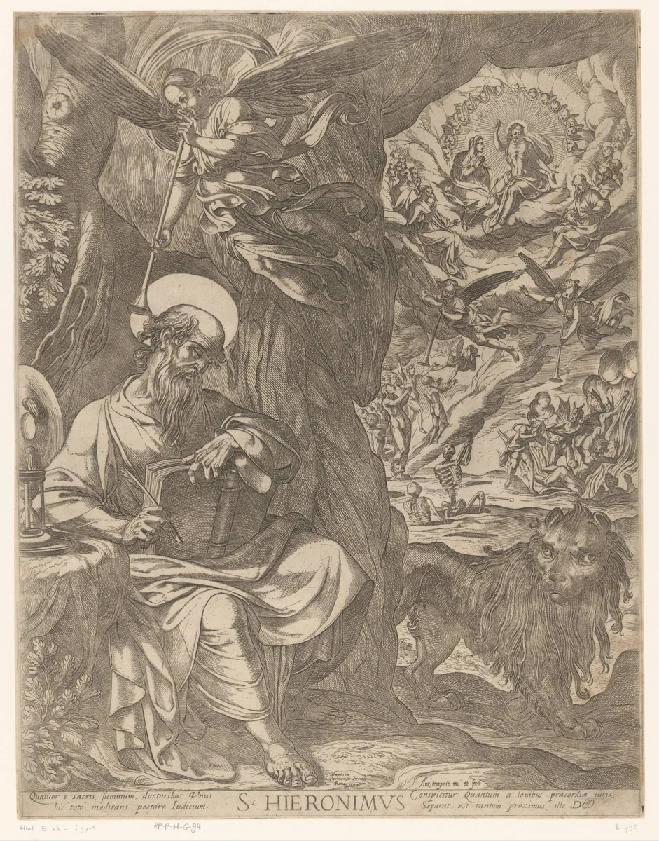 H. Hieronymus in de wildernis contemplerend over het laatste oordeel by Unknown, print, 1592