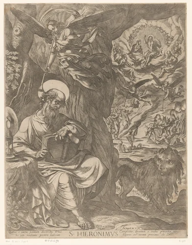 H. Hieronymus in de wildernis contemplerend over het laatste oordeel by Unknown, print, 1592