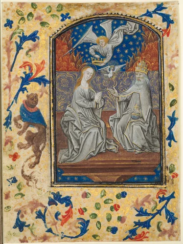 Leaf from a Book of Hours: Coronation of the Virgin by Guillaume Vrelant, manuscript, 1470-1480