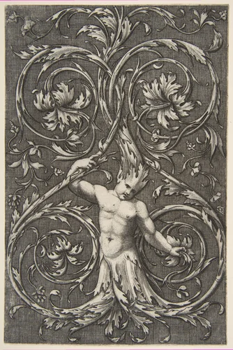 Grotesque with male figure with lower body and head of acanthus scrolls by anonymous, print, 1515-1600