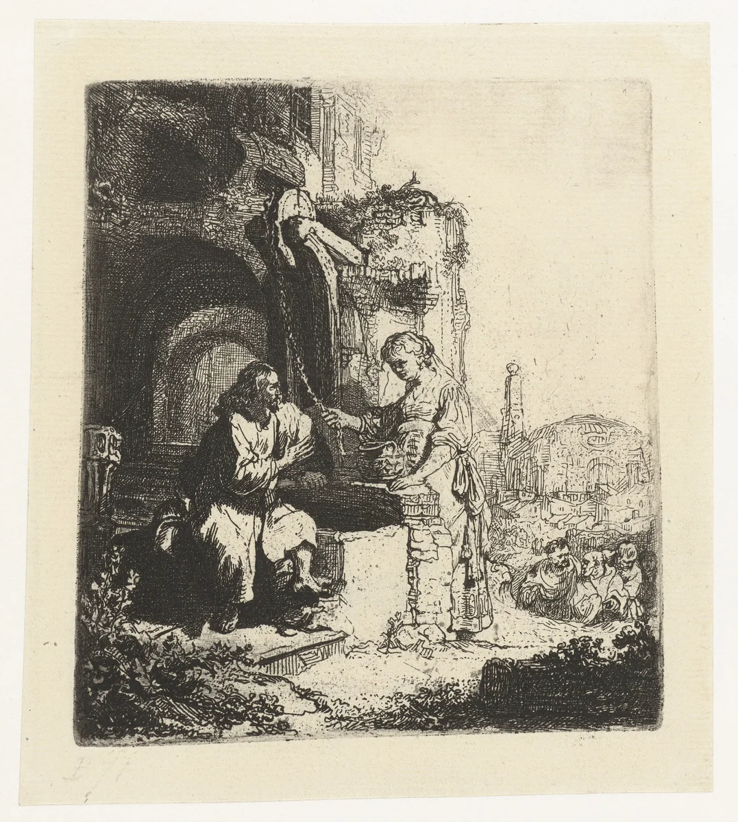 Christ and the woman of Samaria among ruins by Rembrandt van Rijn, print, 1634